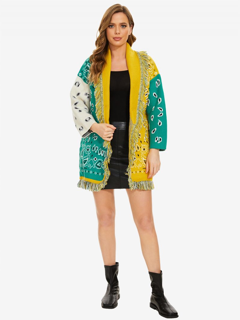 Neuer Jacquard-cardigan Für Damen Mit Quastenbesatz Und Gürtel Im Boho-stil Aus Wollmischung - Grün