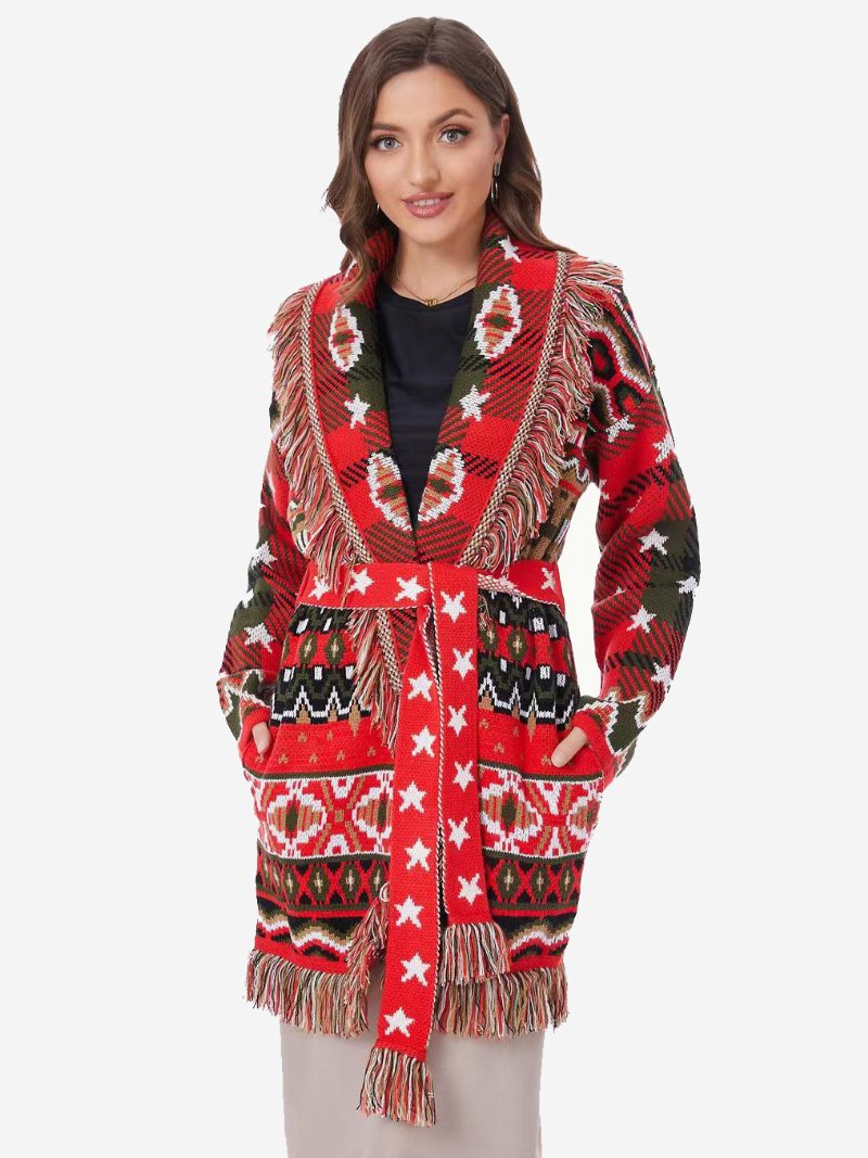 Rote Jacquard-strickjacken Für Damen Mit Geometrischem Quastenbesatz Und Gürtel Im Boho-stil Aus Wollmischung