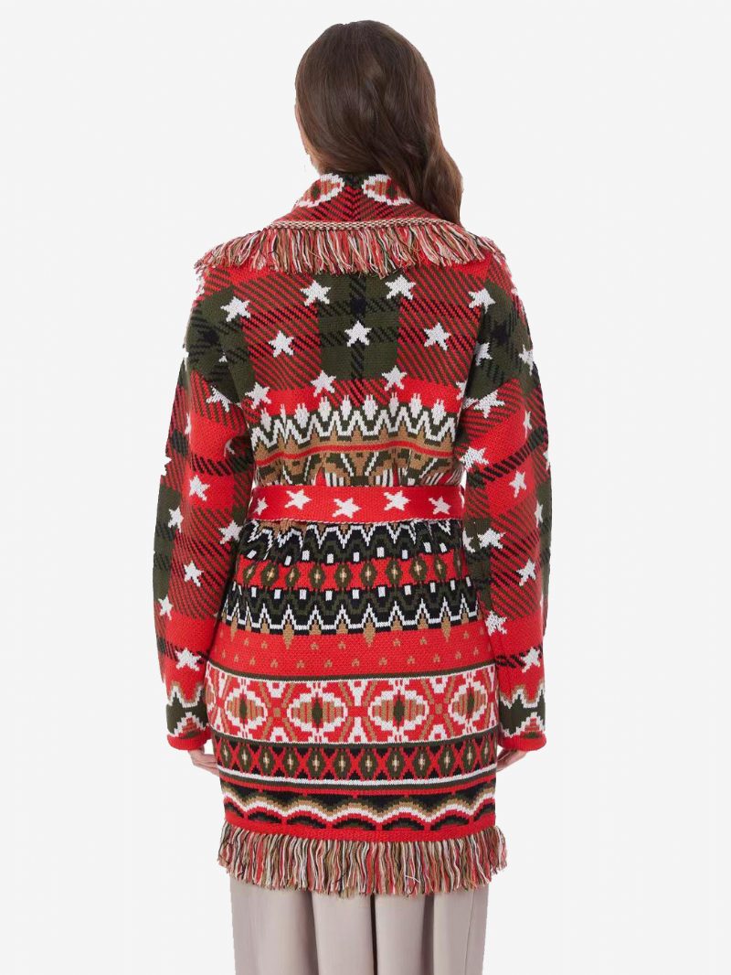 Rote Jacquard-strickjacken Für Damen Mit Geometrischem Quastenbesatz Und Gürtel Im Boho-stil Aus Wollmischung - Rot