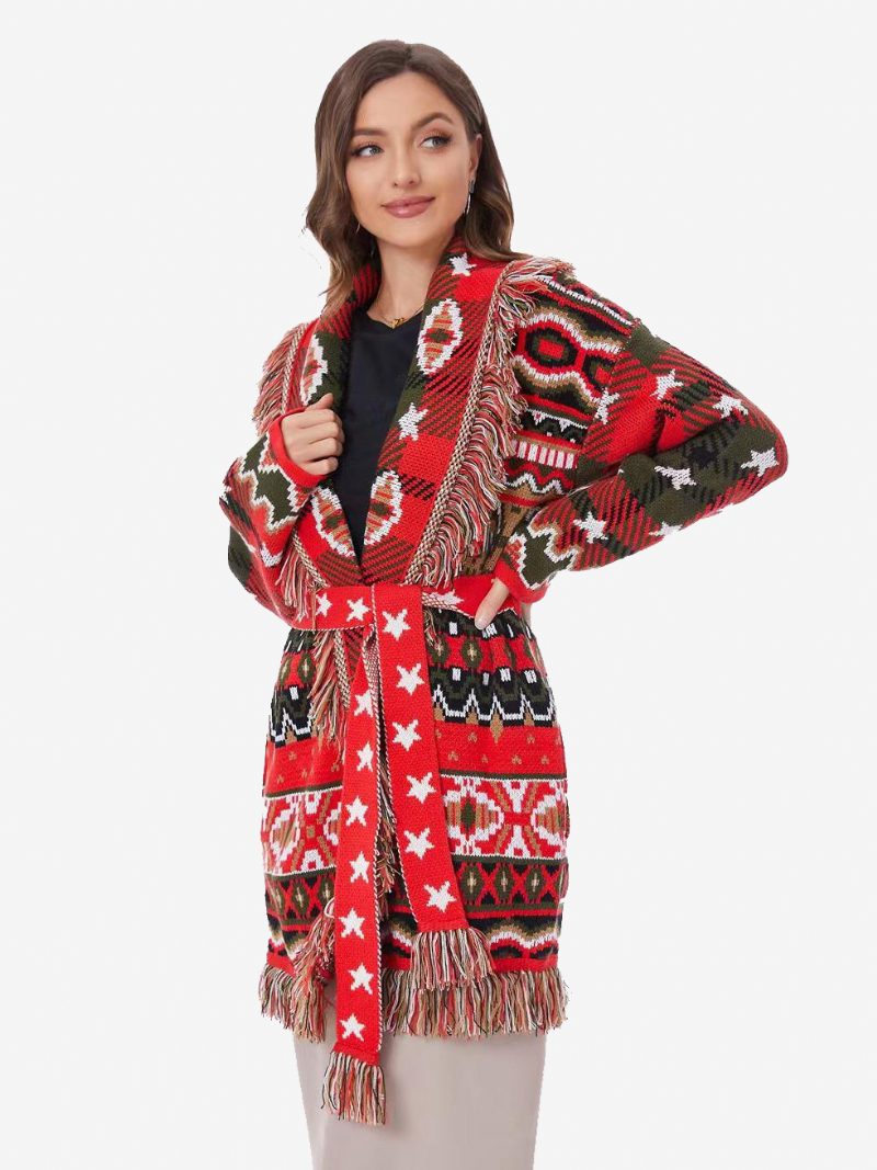 Rote Jacquard-strickjacken Für Damen Mit Geometrischem Quastenbesatz Und Gürtel Im Boho-stil Aus Wollmischung - Rot