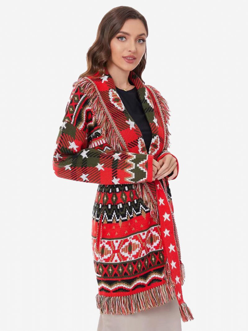 Rote Jacquard-strickjacken Für Damen Mit Geometrischem Quastenbesatz Und Gürtel Im Boho-stil Aus Wollmischung - Rot