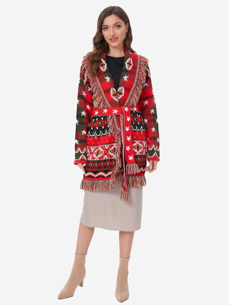 Rote Jacquard-strickjacken Für Damen Mit Geometrischem Quastenbesatz Und Gürtel Im Boho-stil Aus Wollmischung - Rot