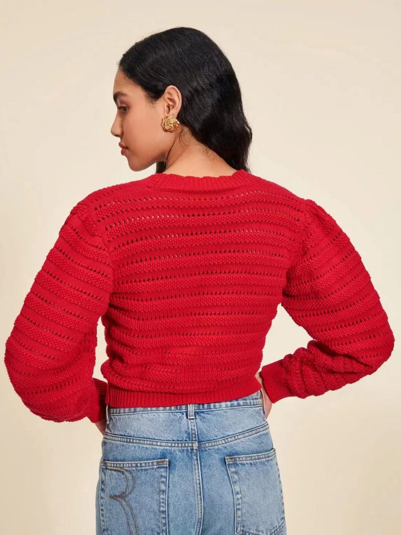 Roter Pullover Mit V-ausschnitt Und Langen Ärmeln Kurze Für Damen - Rot