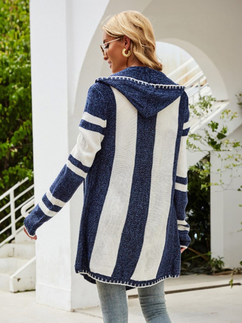 Strickjacke Dunklem Marineblau Mit Kapuze Langen Ärmeln Streifenmuster Vorne Offen Lässige Entspannte Passform Frühlings- Und Herbst-oberbekleidung Für Damen - Dunkles Marineblau