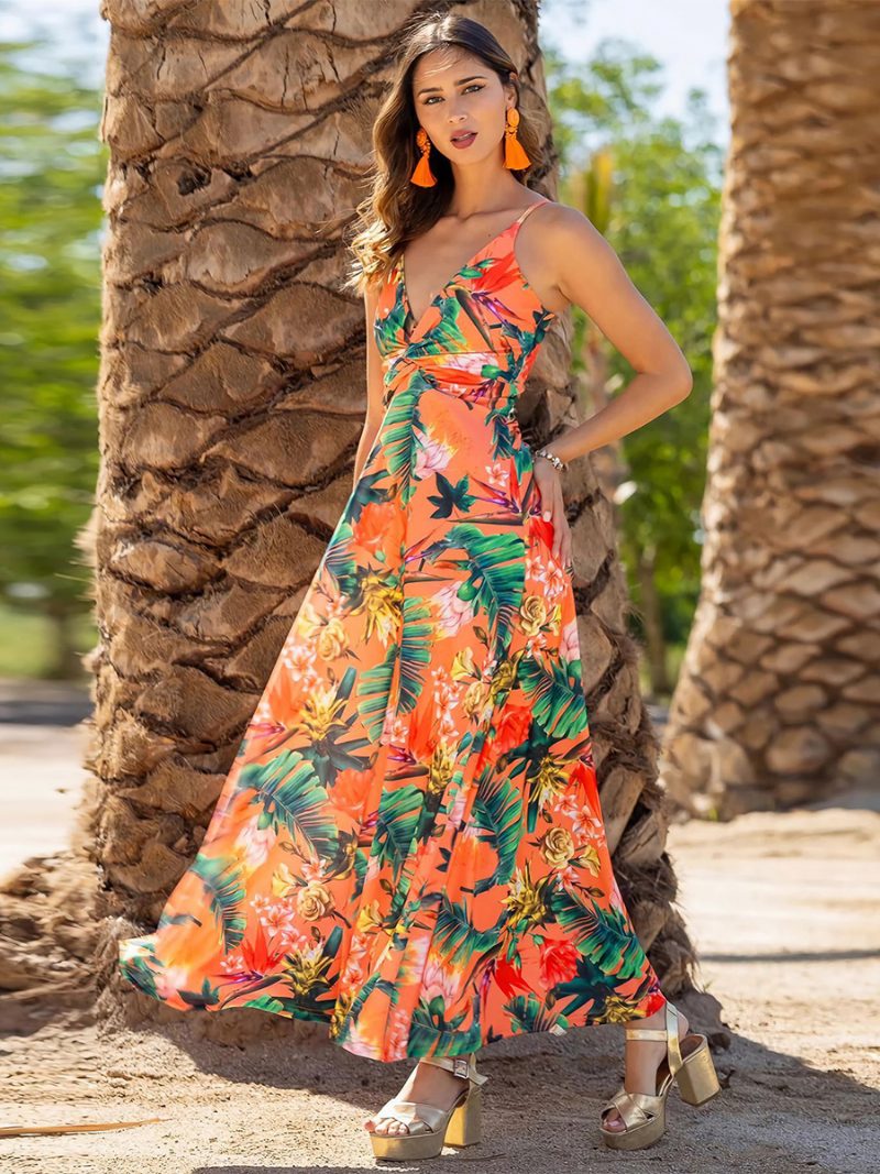 Bedrucktes Damenkleid Mit V-ausschnitt Spaghettiträger Plissiert Lässig Resort Sommer-maxikleider - Orange