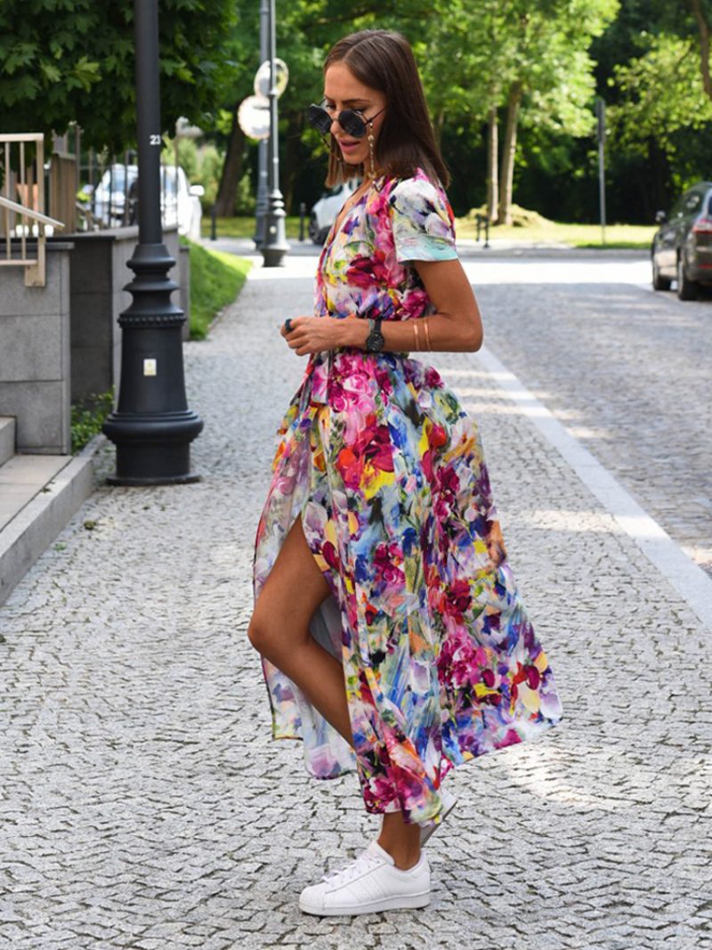 Bedrucktes Wickelkleid Für Damen V-ausschnitt Kurze Ärmel Gürtel Lässige Sommer-midi-kleider - Rot