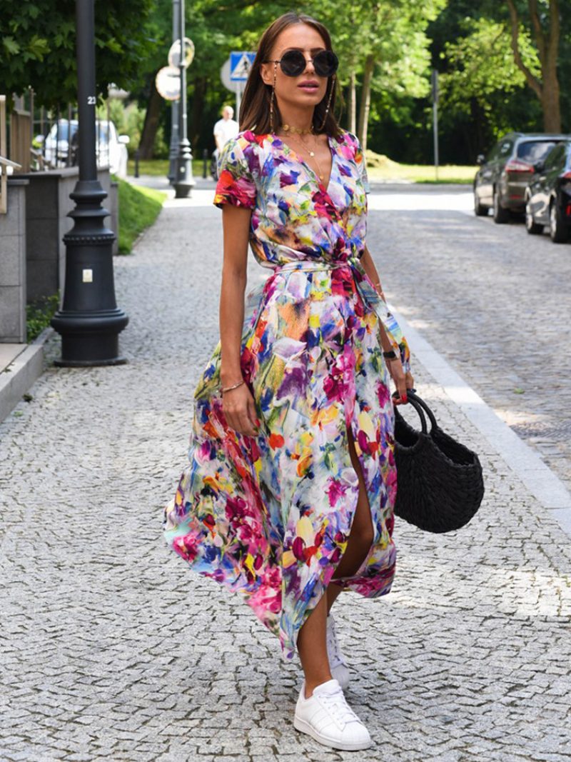 Bedrucktes Wickelkleid Für Damen V-ausschnitt Kurze Ärmel Gürtel Lässige Sommer-midi-kleider - Rot