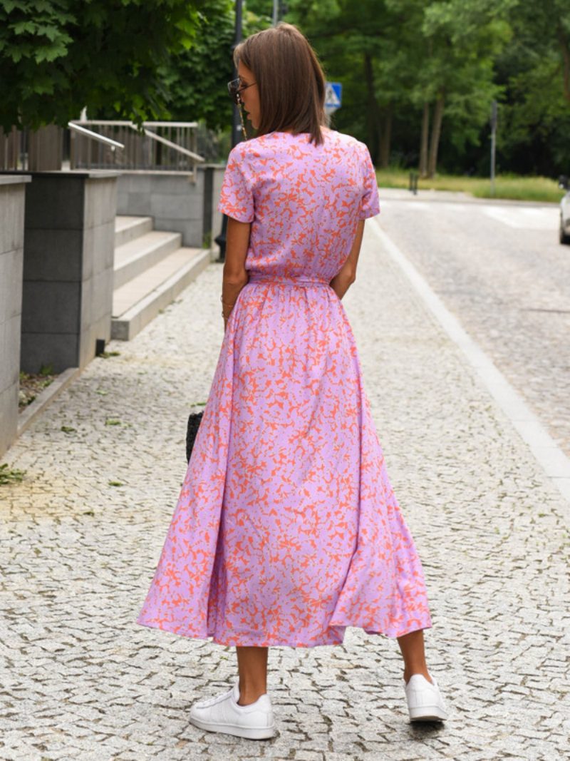 Bedrucktes Wickelkleid Für Damen V-ausschnitt Kurze Ärmel Gürtel Lässige Sommer-midi-kleider - Rosa