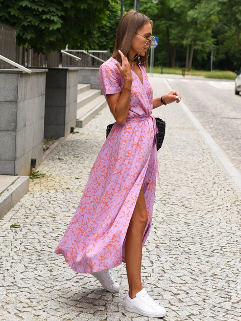 Bedrucktes Wickelkleid Für Damen V-ausschnitt Kurze Ärmel Gürtel Lässige Sommer-midi-kleider - Rosa