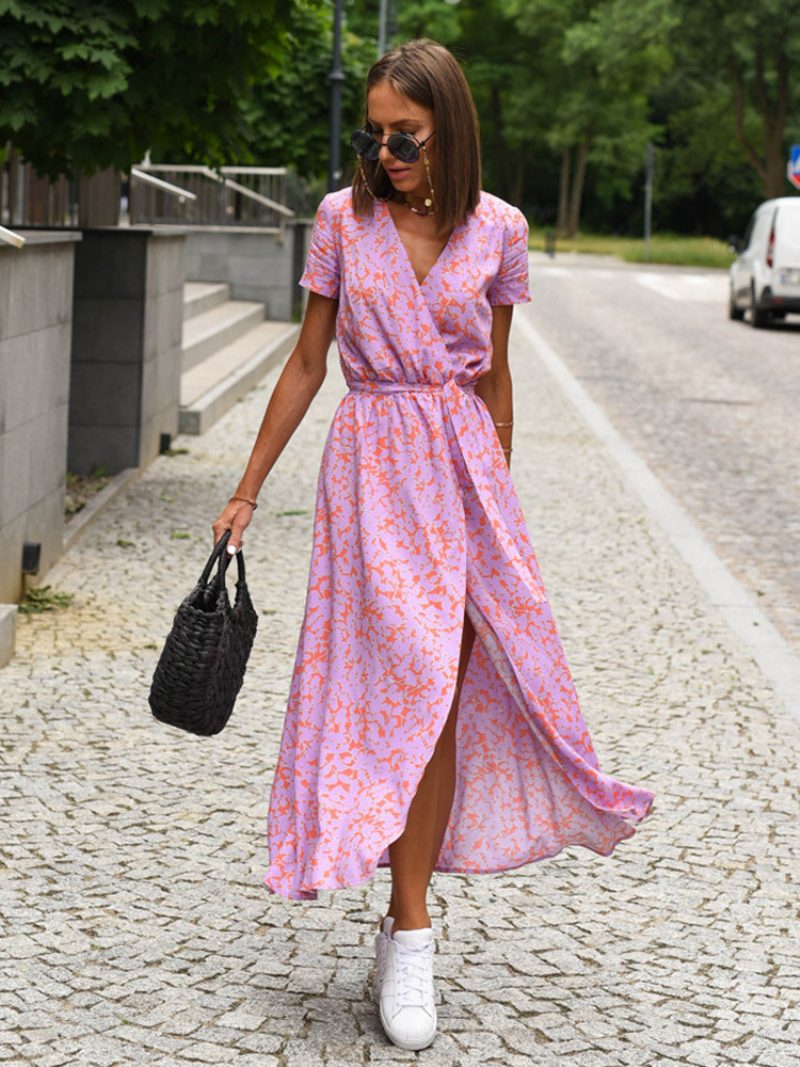 Bedrucktes Wickelkleid Für Damen V-ausschnitt Kurze Ärmel Gürtel Lässige Sommer-midi-kleider - Rosa