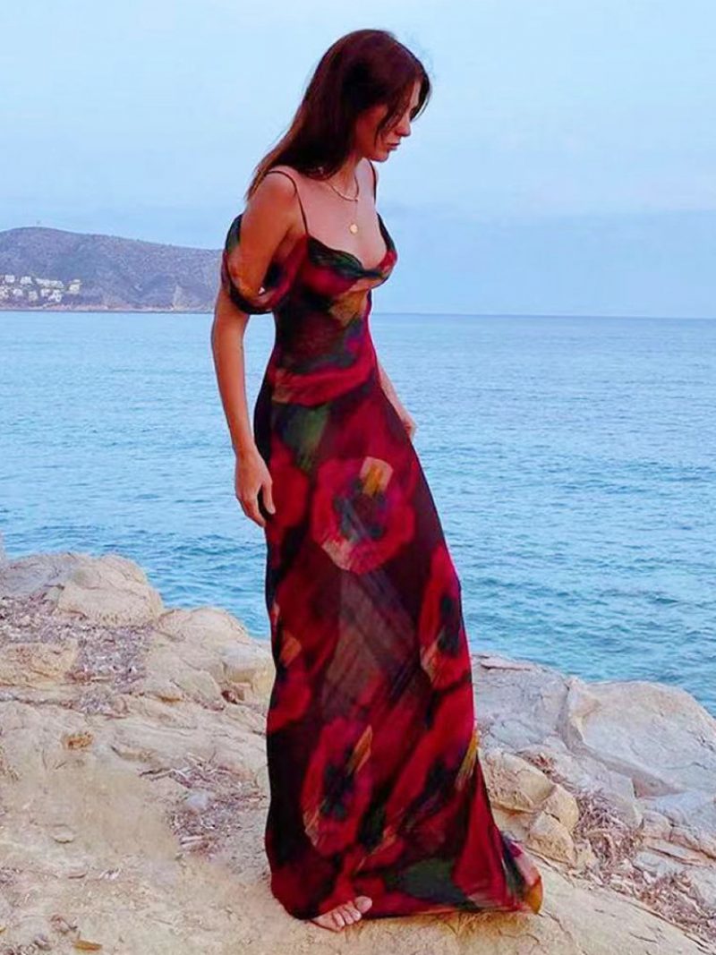 Bemaltes Damenkleid Mit Kalten Schultern Spaghettiträgern Kunstinspirierte Sommer-maxikleider - Rot