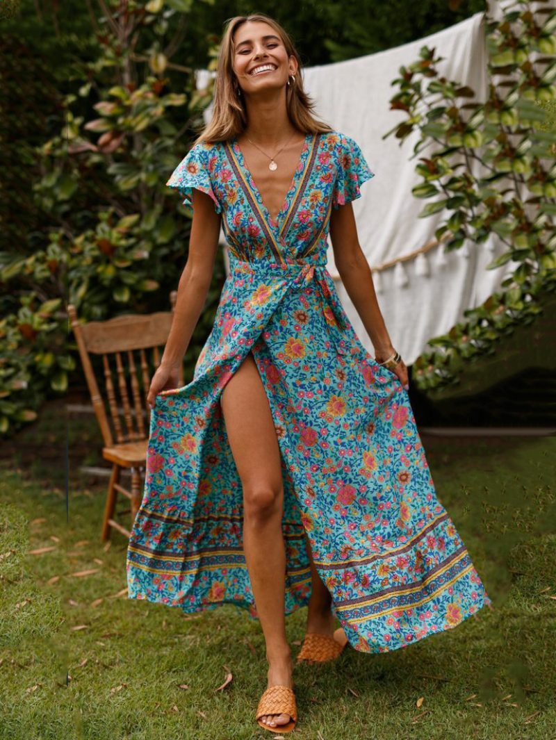 Bohemian-kleider Für Damen Hellhimmelblau Geteilt V-ausschnitt Kurze Ärmel Blumendruck Langes Boho-kleid