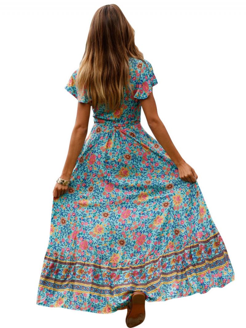 Bohemian-kleider Für Damen Hellhimmelblau Geteilt V-ausschnitt Kurze Ärmel Blumendruck Langes Boho-kleid - Helles Himmelblau