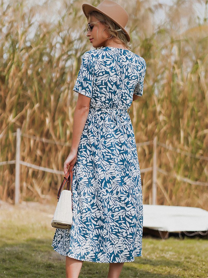 Damen-blumenkleid Bedruckt Schärpe V-ausschnitt Kurze Ärmel Schicke Frühlings-midikleider - Helles Himmelblau