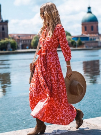 Damen-blumenkleid Lange Ärmel V-ausschnitt Lässige Herbst-lange Kleider