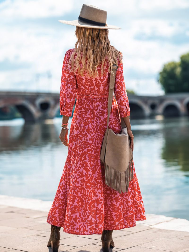 Damen-blumenkleid Lange Ärmel V-ausschnitt Lässige Herbst-lange Kleider - Rot