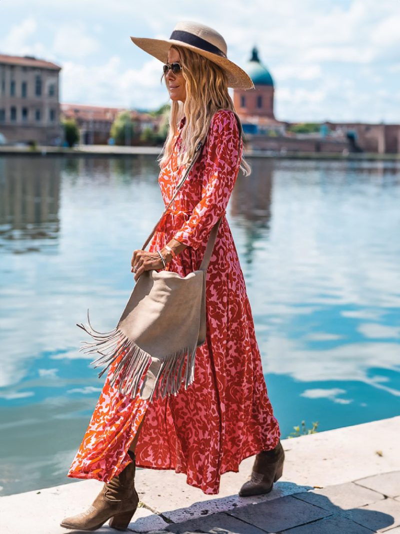 Damen-blumenkleid Lange Ärmel V-ausschnitt Lässige Herbst-lange Kleider - Rot