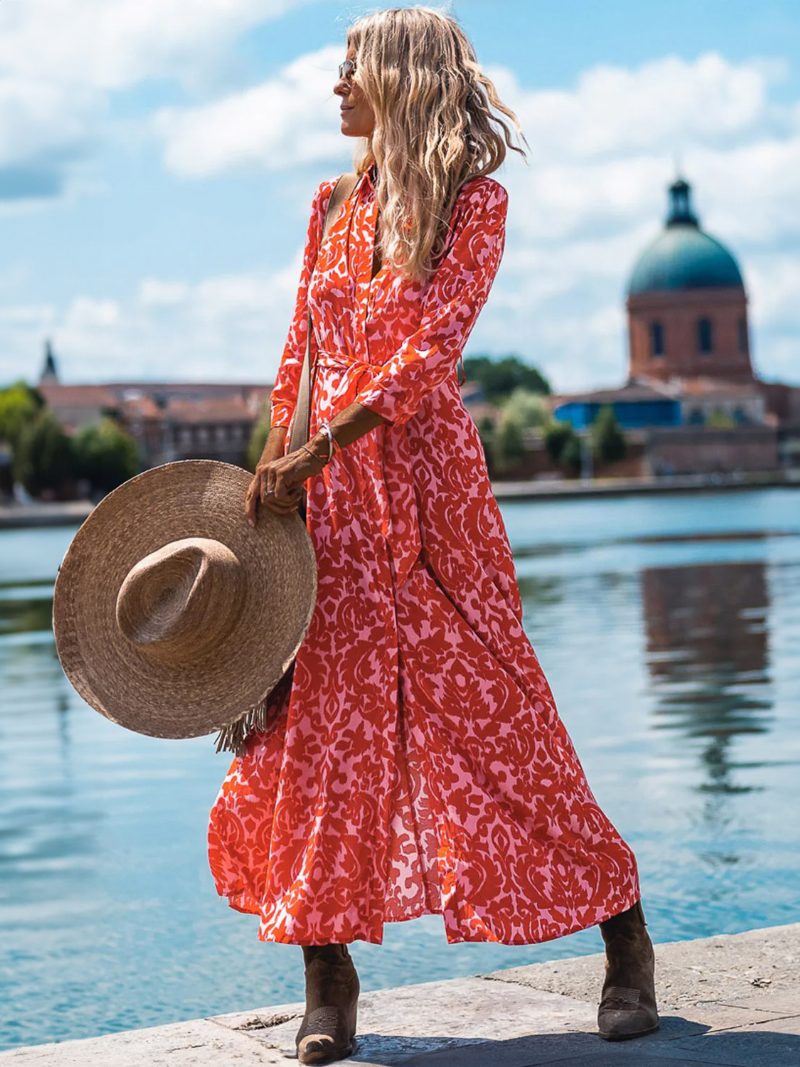 Damen-blumenkleid Lange Ärmel V-ausschnitt Lässige Herbst-lange Kleider - Rot