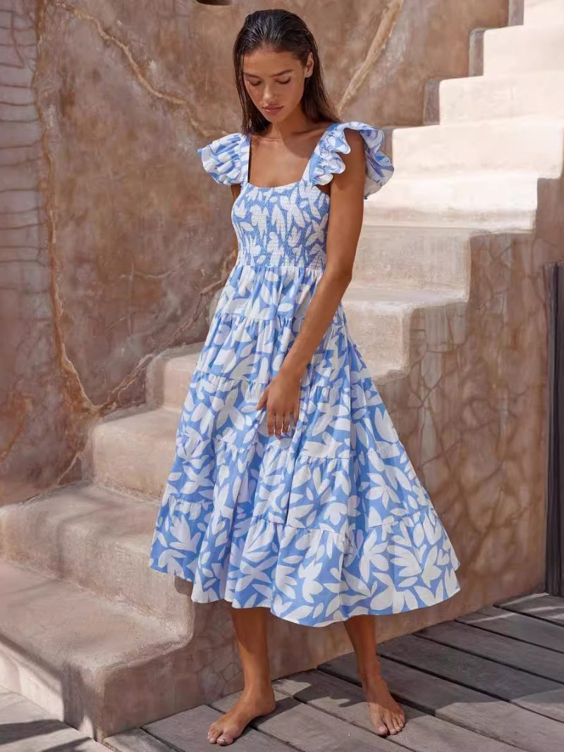 Damen-blumenkleid Maxikleider Blumendruck Ärmellos Quadratischer Ausschnitt Elegante Rüschen Keine Offene Naht Lang Sommer - Weiß