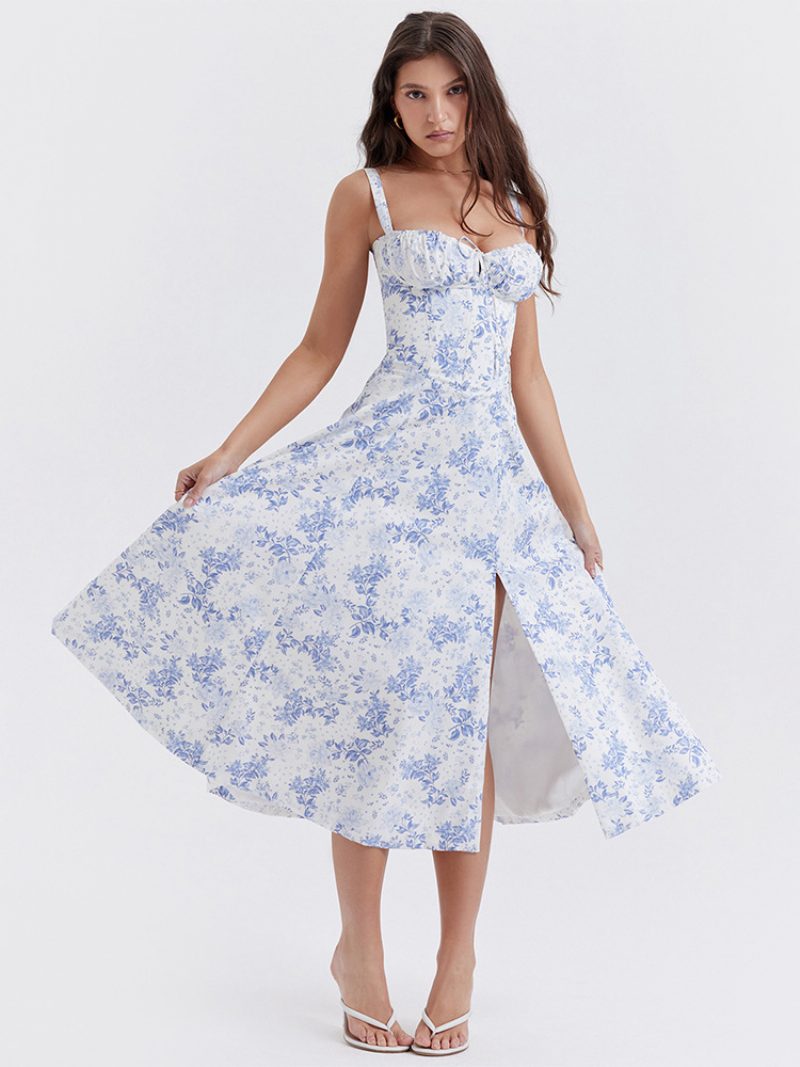 Damen-blumenkleid Midi-kleid Blumendruck Ärmellos Träger Ausschnitt Elegant Mit Schnürung Seitenschlitz Lang Für Den Sommer - Blau