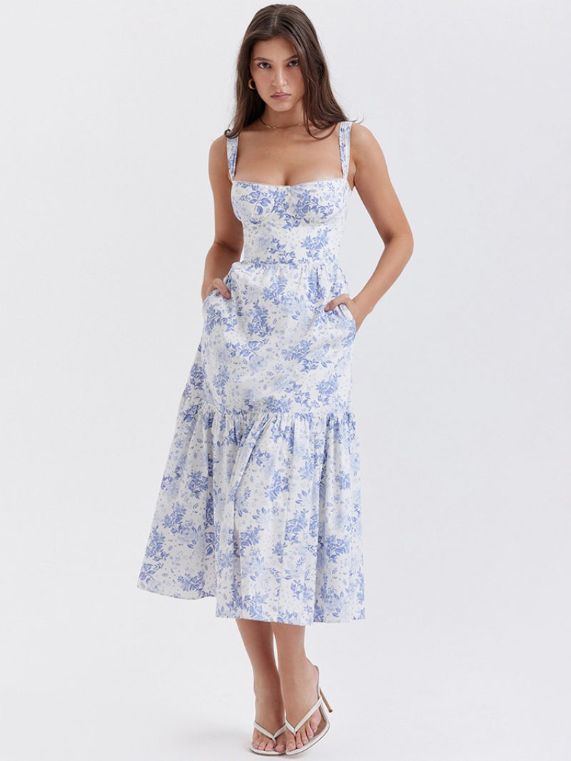 Damen-blumenkleid Midi-kleid Blumendruck Ärmellos Träger Ausschnitt Schick Verstellbare Rüschen Reißverschluss Keine Offene Naht Langer Herbst - Helles Himmelblau