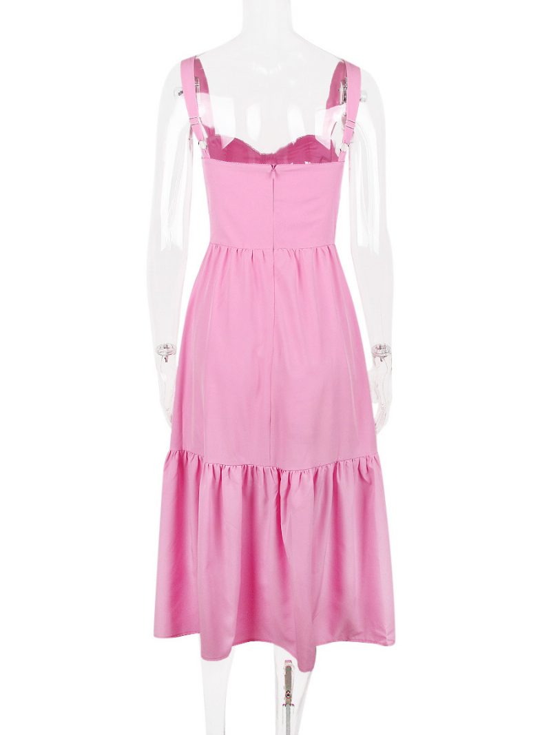 Damen-blumenkleid Midi-kleid Blumendruck Ärmellos Träger Ausschnitt Schick Verstellbare Rüschen Reißverschluss Keine Offene Naht Langer Herbst - Magenta