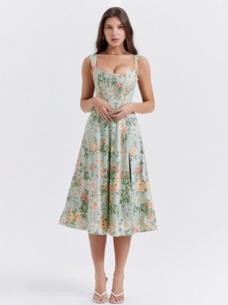 Damen-blumenkleid Midi-kleid Kleider Blumendruck Schlitz Vorne Bateau-ausschnitt Ärmellos Reißverschluss Keine Offene Naht Schick Sommer Lang