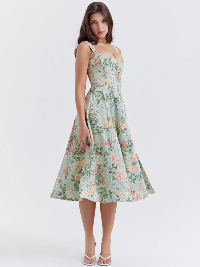 Damen-blumenkleid Midi-kleid Kleider Blumendruck Schlitz Vorne Bateau-ausschnitt Ärmellos Reißverschluss Keine Offene Naht Schick Sommer Lang - Grün