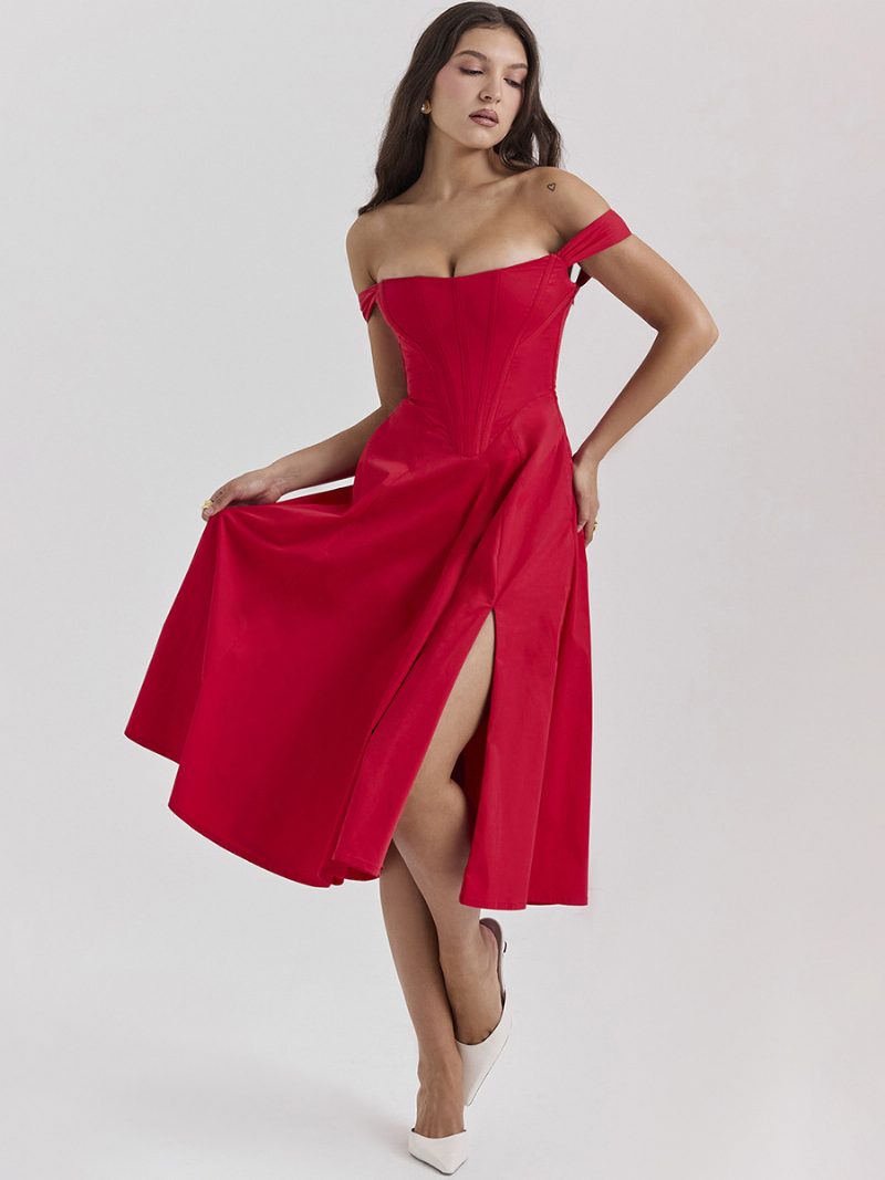 Damen-blumenkleid Midi-kleid Kleider Blumendruck Schlitz Vorne Bateau-ausschnitt Ärmellos Reißverschluss Keine Offene Naht Schick Sommer Lang - Rot