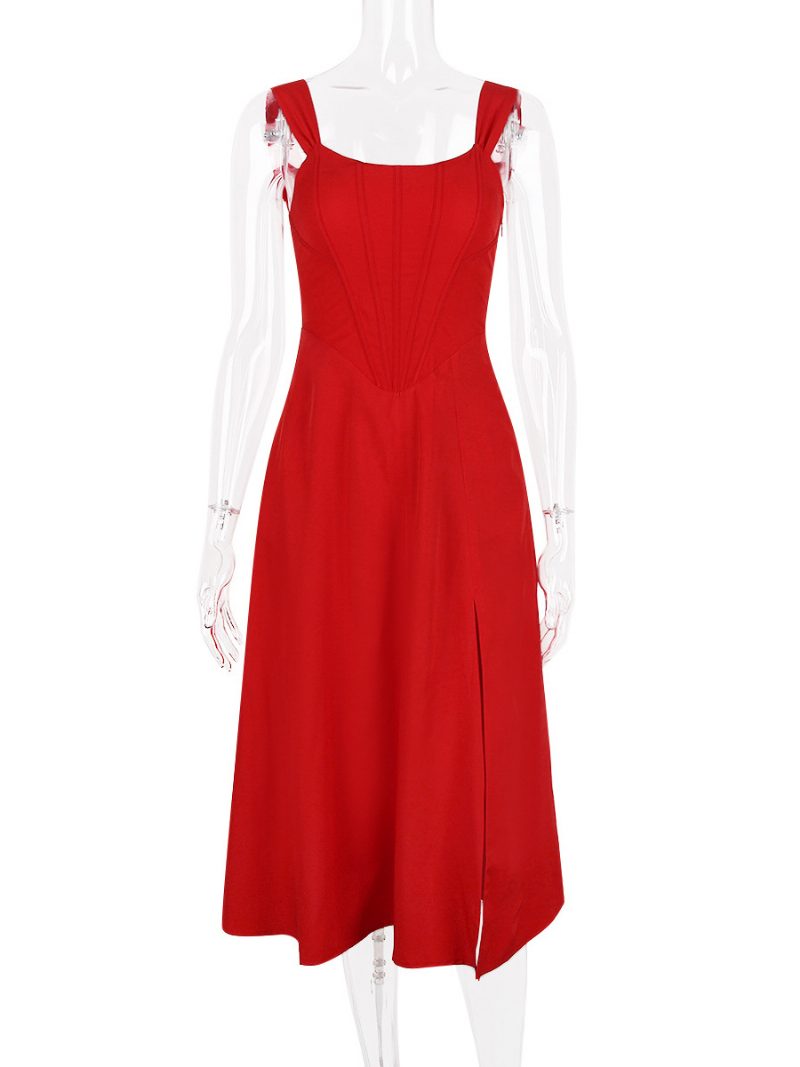 Damen-blumenkleid Midi-kleid Kleider Blumendruck Schlitz Vorne Bateau-ausschnitt Ärmellos Reißverschluss Keine Offene Naht Schick Sommer Lang - Rot