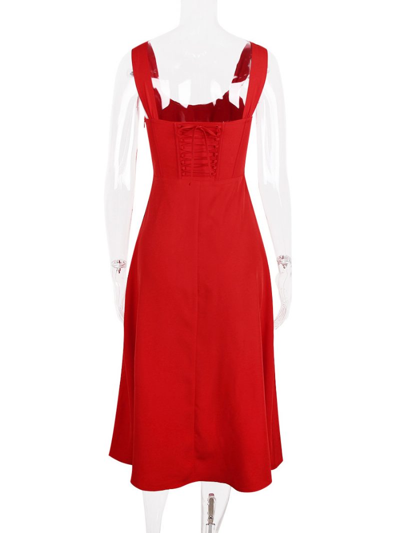 Damen-blumenkleid Midi-kleid Kleider Blumendruck Schlitz Vorne Bateau-ausschnitt Ärmellos Reißverschluss Keine Offene Naht Schick Sommer Lang - Rot