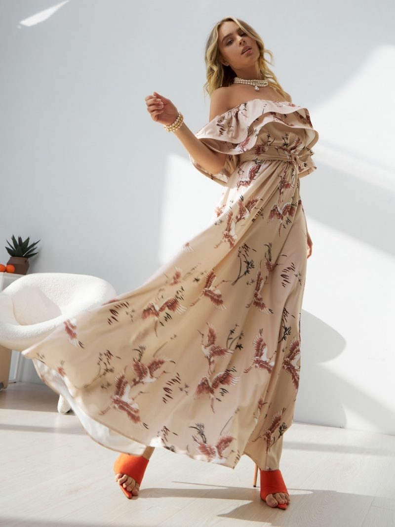 Damen-blumenkleid Schulterfrei Hoher Schlitz Rüschen Lässige Sommer-maxikleider - Elfenbein