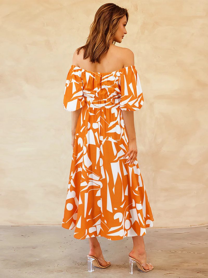 Damen-blumenkleid Schulterfrei Puffärmel Lässige Sommer-midi-kleider - Orange