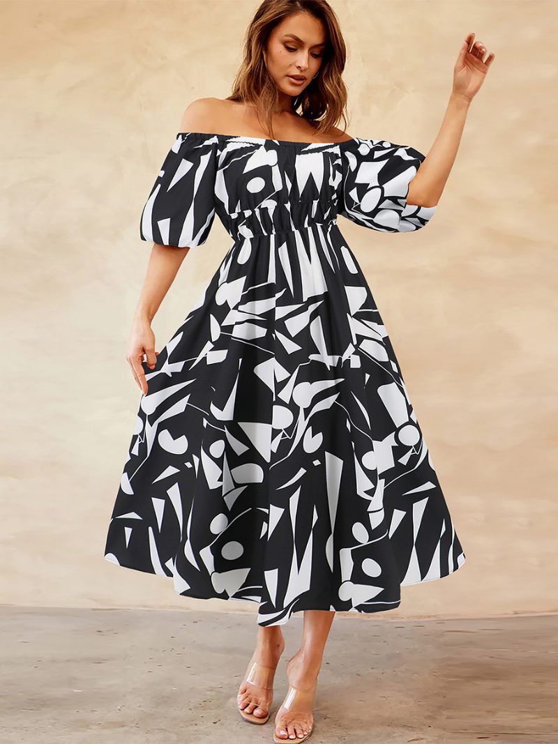 Damen-blumenkleid Schulterfrei Puffärmel Lässige Sommer-midi-kleider - Schwarz