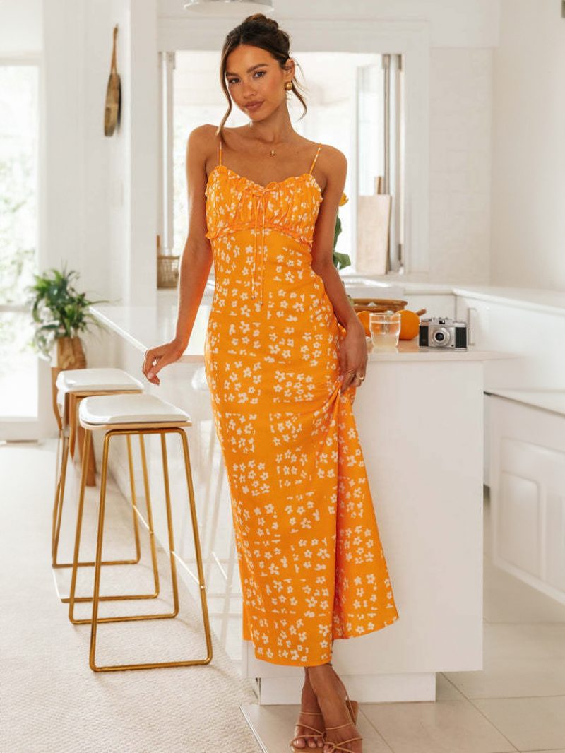 Damen Blumenkleid Verstellbare Spaghettiträger Rückenfrei Sommer-maxikleider - Orange