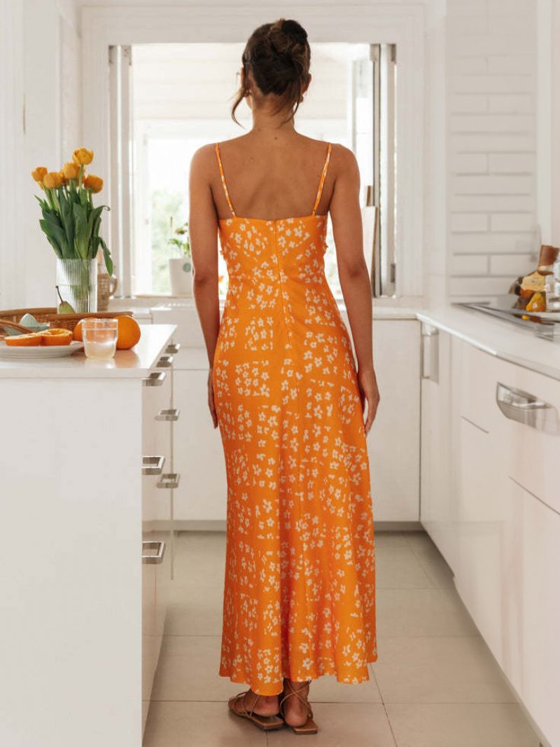 Damen Blumenkleid Verstellbare Spaghettiträger Rückenfrei Sommer-maxikleider - Orange