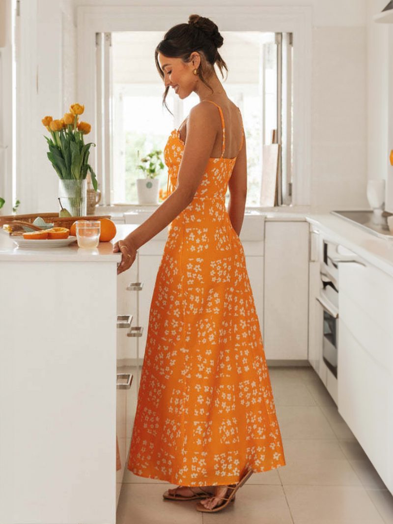 Damen Blumenkleid Verstellbare Spaghettiträger Rückenfrei Sommer-maxikleider - Orange