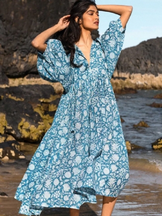 Damen-boho-kleid Mit Halben Ärmeln Bedrucktes Übergroßes Plissiertes Sommerkleid