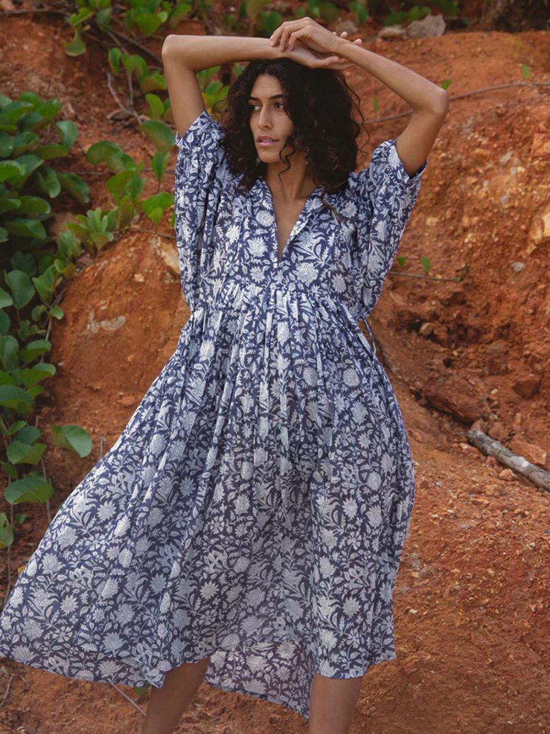 Damen-boho-kleid Mit Halben Ärmeln Bedrucktes Übergroßes Plissiertes Sommerkleid - Blau