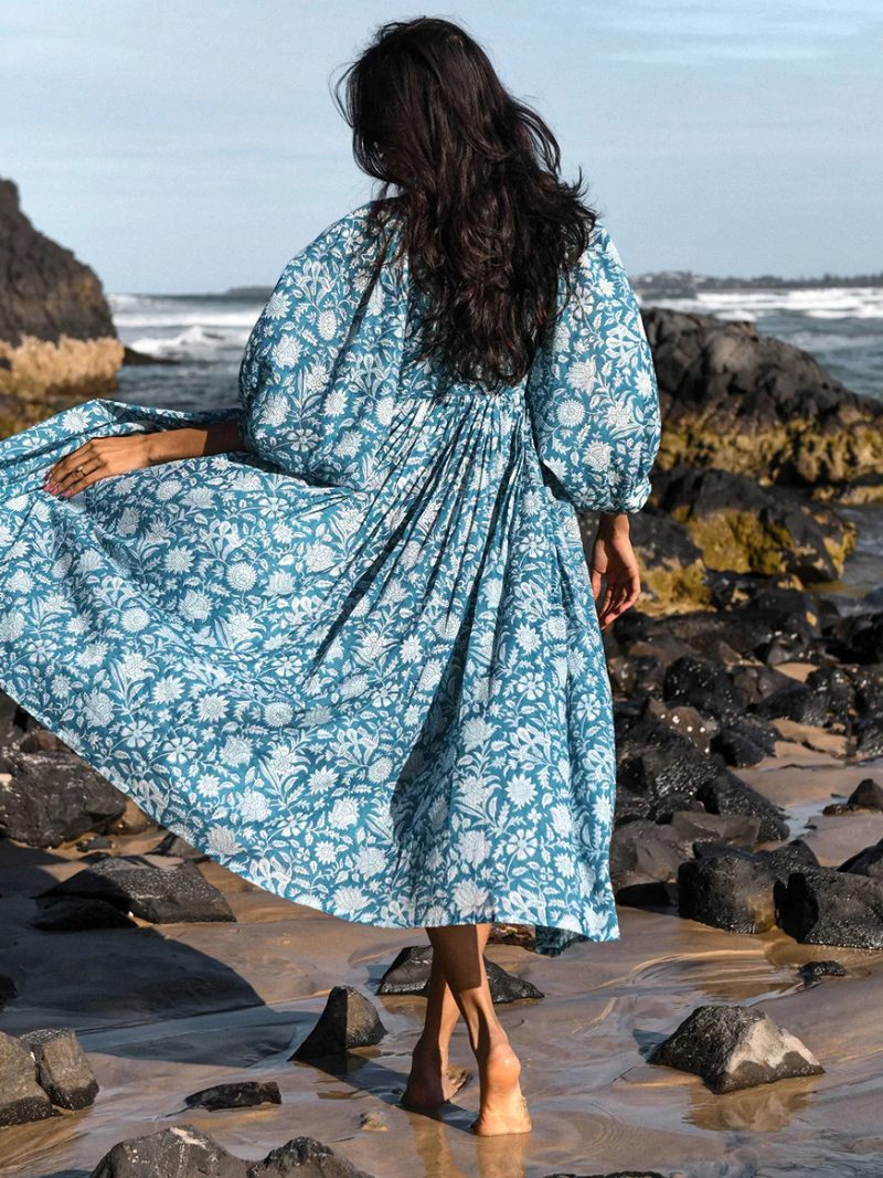 Damen-boho-kleid Mit Halben Ärmeln Bedrucktes Übergroßes Plissiertes Sommerkleid - Blaugrün