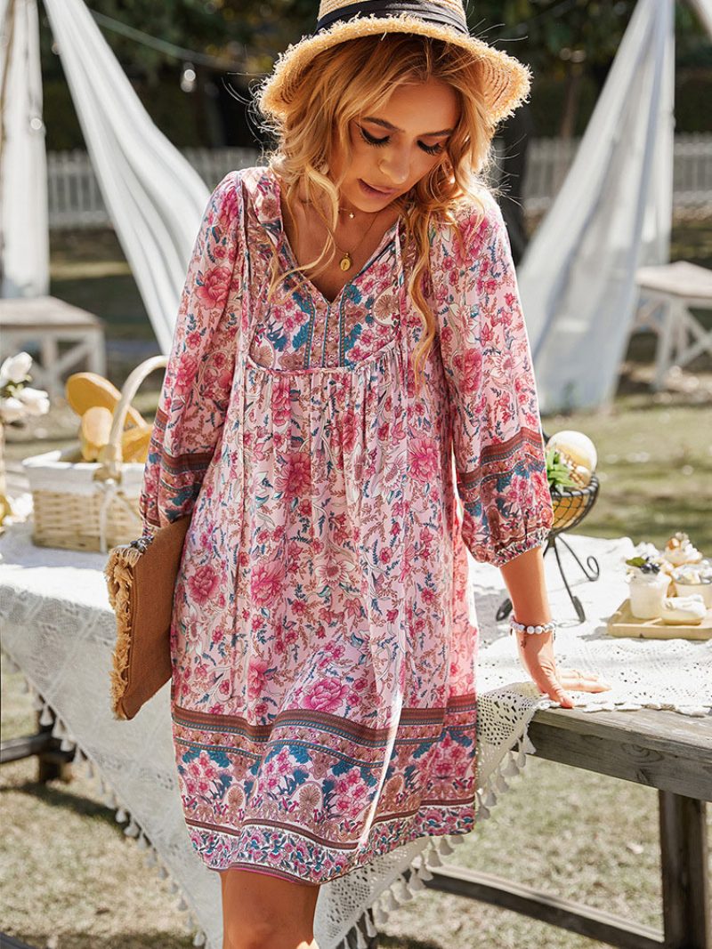 Damen Boho-kleid V-ausschnitt Lange Ärmel Bedrucktes Sommerkleid