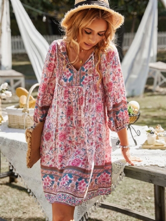 Damen Boho-kleid V-ausschnitt Lange Ärmel Bedrucktes Sommerkleid