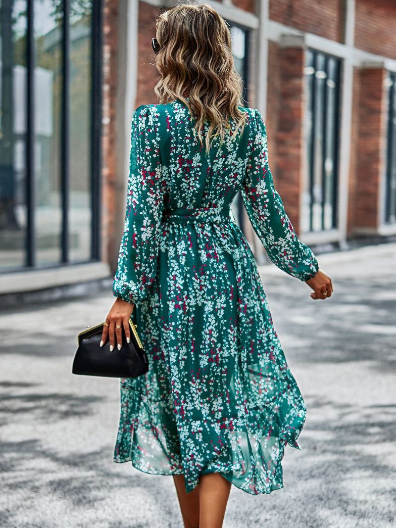 Damen Boho-kleid V-ausschnitt Lange Ärmel Blumendruck Schnürung Strandkleid - Grün