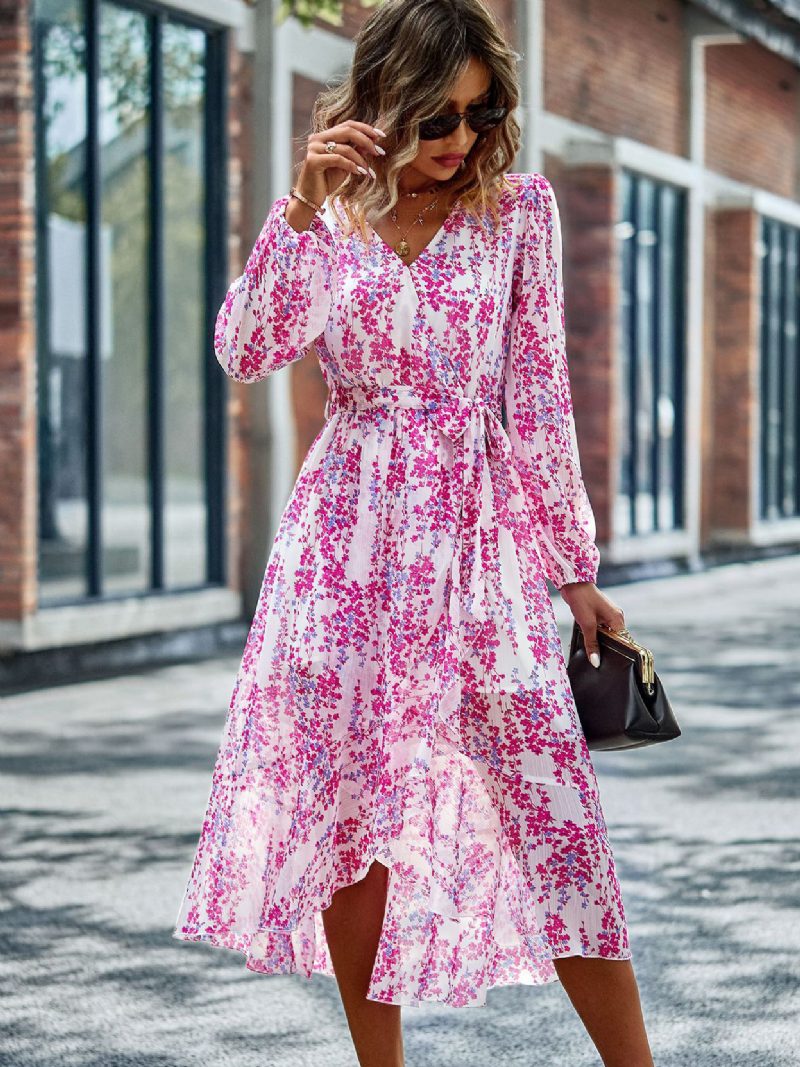 Damen Boho-kleid V-ausschnitt Lange Ärmel Blumendruck Schnürung Strandkleid - Rose