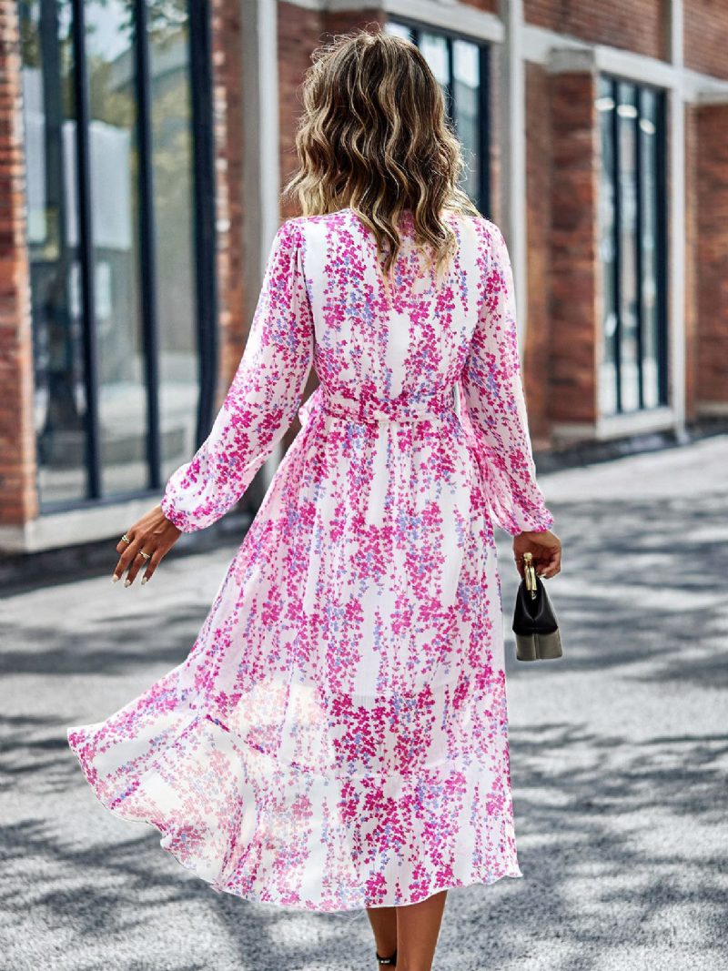 Damen Boho-kleid V-ausschnitt Lange Ärmel Blumendruck Schnürung Strandkleid - Rose