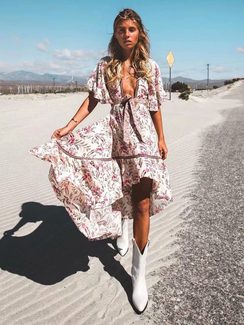 Damen Boho-sommerkleid V-ausschnitt Kurze Ärmel Bedrucktes Strandkleid Mit Hohem Tiefausschnitt