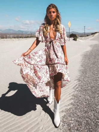 Damen Boho-sommerkleid V-ausschnitt Kurze Ärmel Bedrucktes Strandkleid Mit Hohem Tiefausschnitt