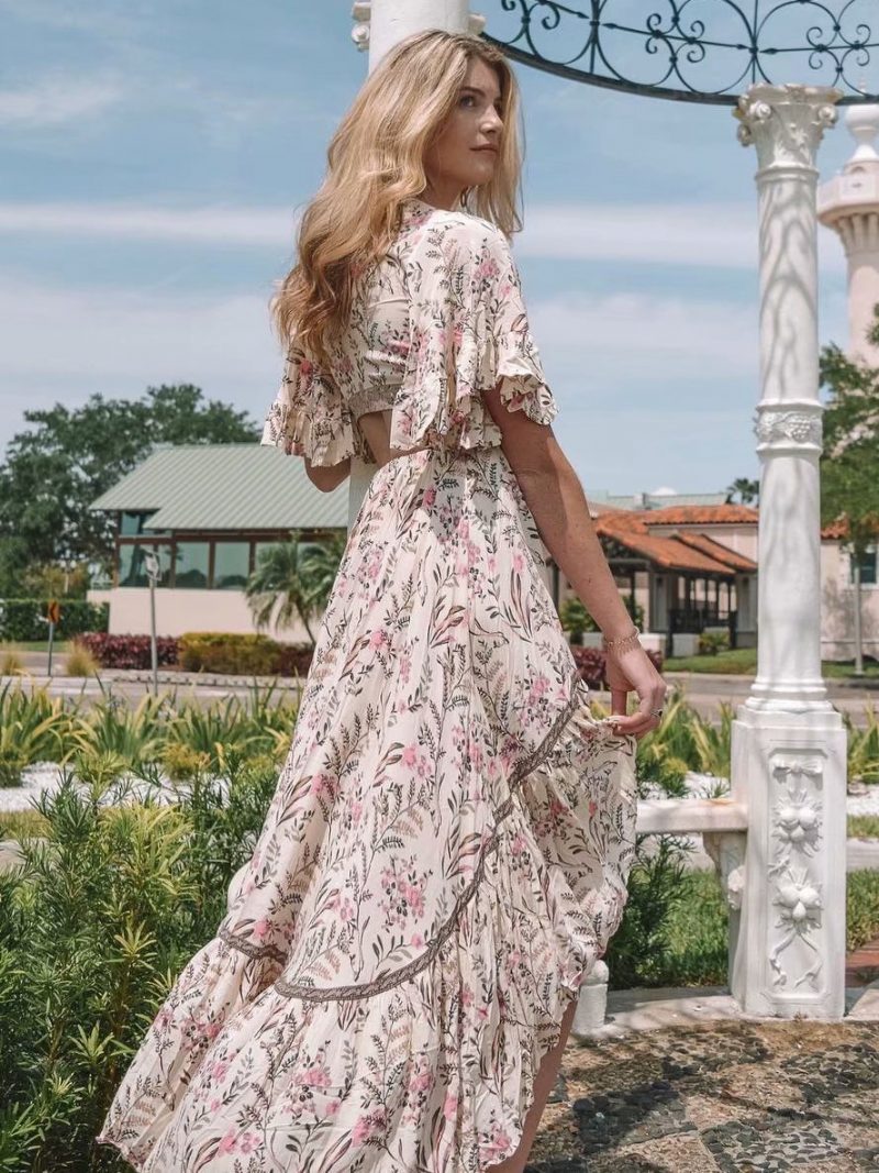 Damen Boho-sommerkleid V-ausschnitt Kurze Ärmel Bedrucktes Strandkleid Mit Hohem Tiefausschnitt - Rosa