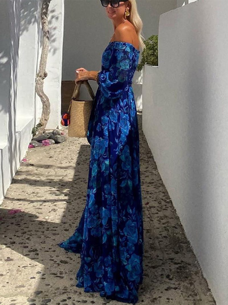 Damen-kleid Mit Allover-print Schulterfrei Drei Viertelärmeln Lässige Frühlings-maxikleider - Blau