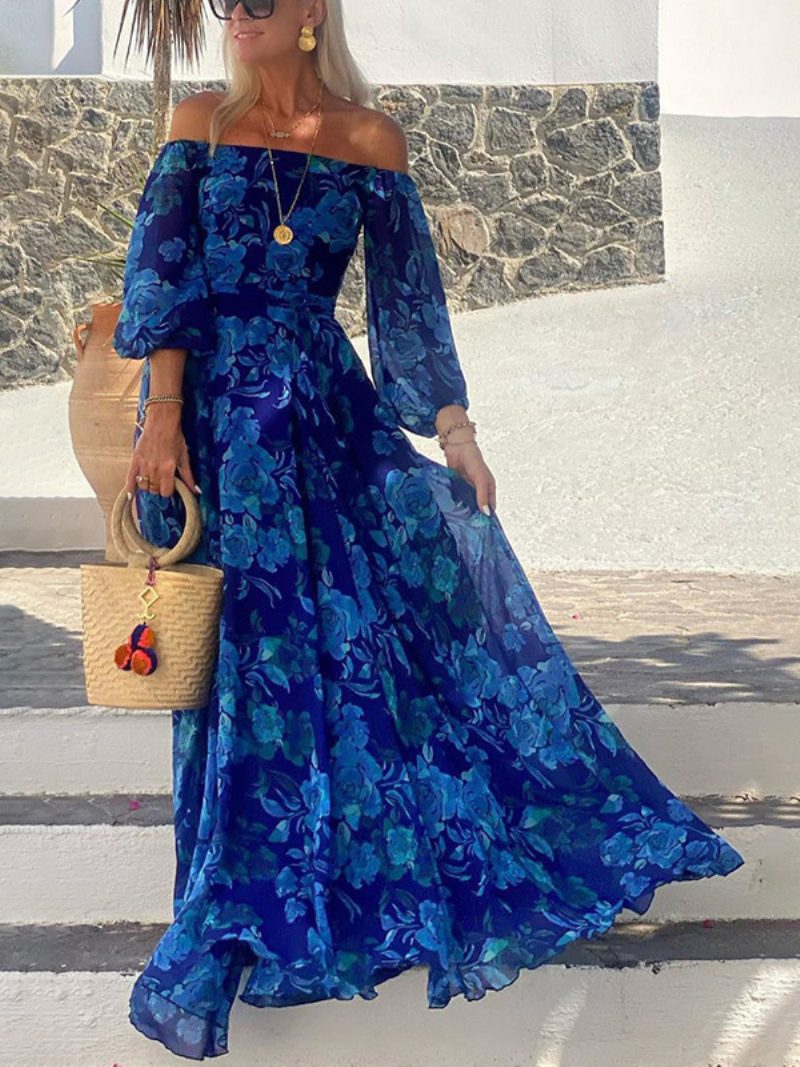 Damen-kleid Mit Allover-print Schulterfrei Drei Viertelärmeln Lässige Frühlings-maxikleider - Blau